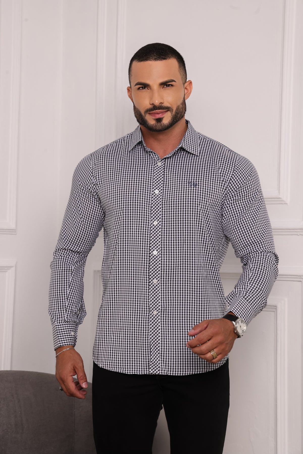 Camisa Masculina Xadrez Cinza