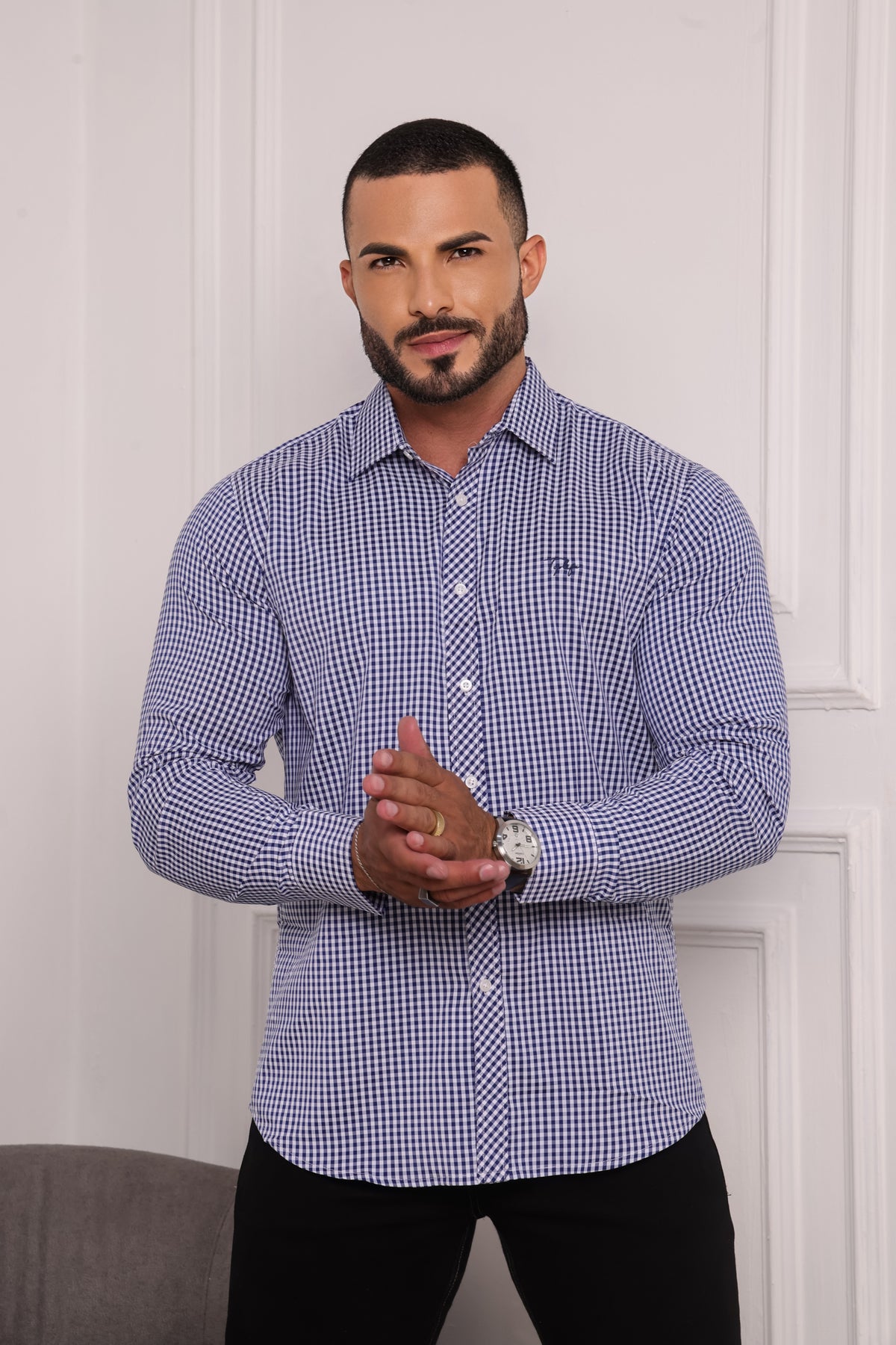 Camisa Masculina Xadrez Branco com Azul