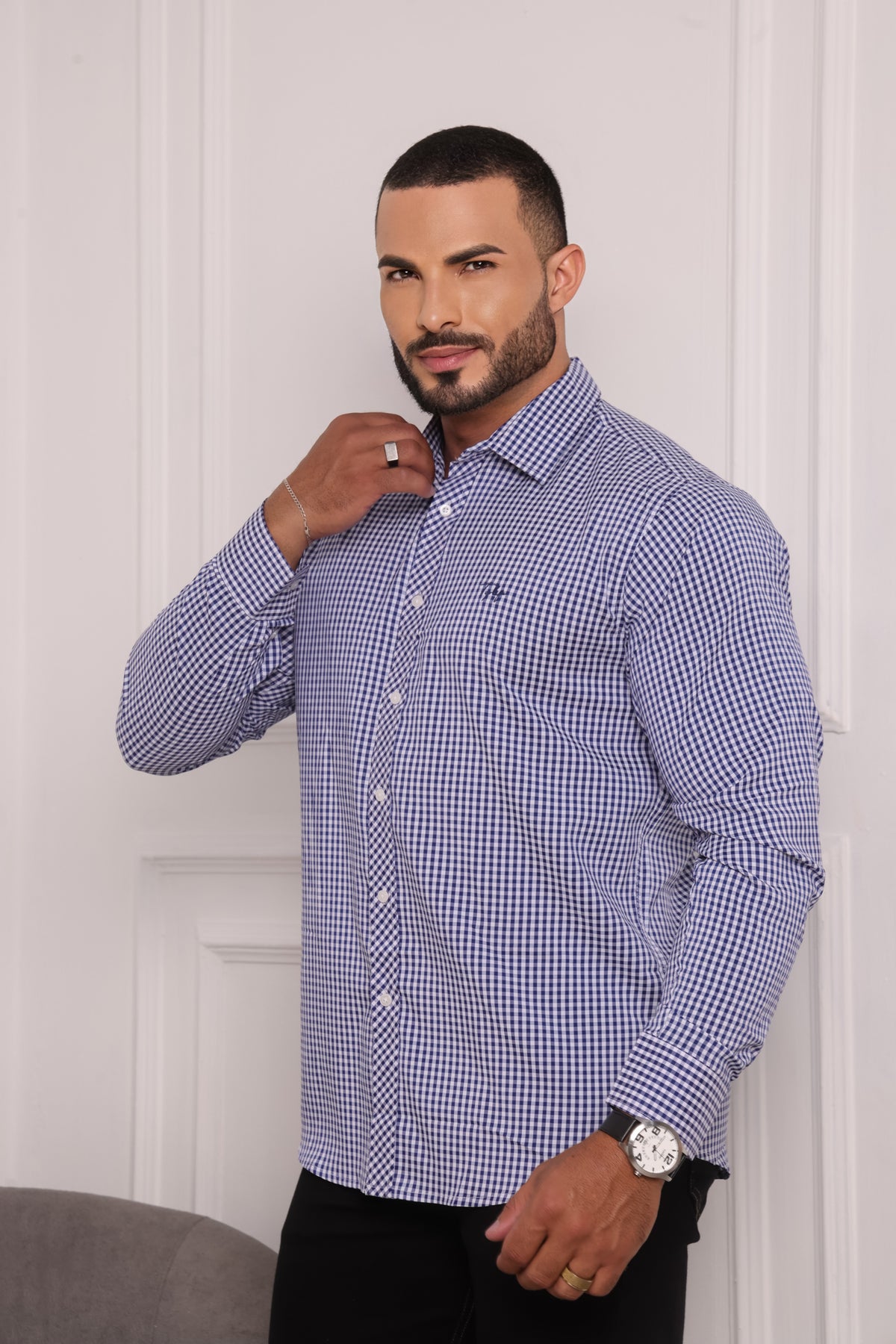 Camisa Masculina Xadrez Branco com Azul