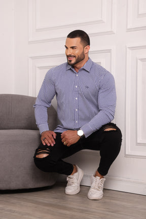Camisa Masculina Xadrez Branco com Azul